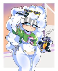  2026 anthro beverage_can big_breasts bikini blue_eyes bovid breasts caprine clothing collarbone crop_top ear_piercing ear_ring eyelashes eyewear eyewear_on_head female gta_vi_cover_girl hi_res horn idw_publishing lanolin_the_sheep_(sonic) lonercroissant mammal navel piercing ring_piercing sega sheep shirt side-tie_bikini slightly_chubby slightly_chubby_anthro slightly_chubby_female solo sonic_the_hedgehog_(comics) sonic_the_hedgehog_(idw) sonic_the_hedgehog_(series) string_bikini sunglasses sunglasses_on_head swimwear thick_thighs topwear two-piece_swimsuit wearing_sunglasses white_body wide_hips 