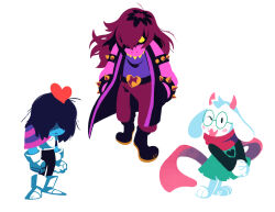  2025 anthro barefoot belt bottomwear bovid caprine clothing darkner deltarune digital_media_(artwork) eyewear feet female glasses gloves goat green_clothing group hair handwear heart_symbol horn human jacket kris_dreemurr lightner looking_at_viewer male mammal nathalie_fourdraine one_eye_closed pants purple_body ralsei red_scarf reptile round_glasses scalie scarf simple_background smile standing susie_(deltarune) teeth topwear undertale_(series) white_background white_body wink winking_at_viewer 