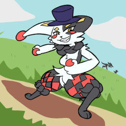  1:1 2026 anthro argyle black_body black_clothing black_fur black_legwear blush bow_tie clothed clothing digital_drawing_(artwork) digital_media_(artwork) dupin_(pal) fangs female fur grass hat headgear headwear lagomorph legwear leporid looking_at_viewer mammal open_mouth outside palworld path plant pocketpair rabbit red_body red_eyes sitting smile solo tail teeth top_hat umbralxquizo white_body white_fur 