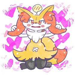  1:1 2026 ambiguous_anthro ambiguous_gender annyui0611 anthro bandage_on_belly biped blush blush_lines blush_stickers braixen canid digital_drawing_(artwork) digital_media_(artwork) digitigrade dipstick_tail female front_view full-length_portrait generation_6_pokemon heart_symbol hi_res japanese_description kneeling looking_at_viewer mammal markings nintendo object_in_tail open_mouth open_smile pictographics pokemon pokemon_(species) portrait pregnant pregnant_anthro pregnant_female simple_background smile snout solo speech_bubble stick stick_in_tail tail tail_markings translated_description 