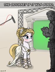  absurd_res blonde_hair blue_eyes blush bottomwear clipboard clothed clothing duo electronics equid equine eyelashes female feral hair hasbro hi_res holding_clipboard holding_object horse human larger_female larger_human larger_male male mammal microphone my_little_pony n-o-n pony pupils quadruped size_difference standing tail topwear white_body 