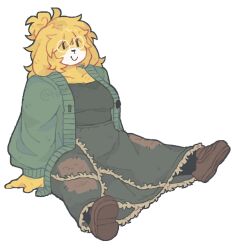  2026 anthro big_breasts black_clothing black_dress black_eyes black_footwear black_nose black_shirt black_socks black_topwear blonde_hair breasts brown_clothing brown_footwear brown_shoes canid canine canis closed_smile clothing domestic_dog dress eyelashes eyewear female footwear fur glasses green_clothing green_jacket green_topwear hair hair_bun hi_res jacket mammal messy_hair mouth_closed patch_(fabric) patched_clothing portrait refresh_rm round_glasses shirt shoes simple_background sitting slightly_chubby slightly_chubby_anthro slightly_chubby_female smile smiling_at_viewer socks solo topwear watermark white_background white_body white_eyewear white_face white_fur white_glasses yellow_body yellow_fur 