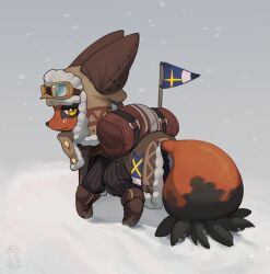  2026 ambiguous_gender backpack black_body black_fur black_nose black_tail_tip boots clothed clothed_feral clothing dipstick_tail eyewear feral flag footwear fur generation_8_pokemon goggles hat headgear headwear hi_res markings nickit nintendo pokemon pokemon_(species) red_body red_fur red_tail shoes snow snowing solo tail tail_markings yellow_eyes yuureii 