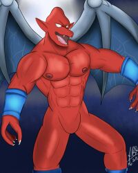  4:5 abs anklet anthro bracelet capcom demon demon's_crest empty_eyes fangs featureless_crotch firebrand friendly25 gargoyle gargoyle's_quest ghosts_'n_goblins hi_res humanoid_pointy_ears jewelry male membrane_(anatomy) membranous_wings muscular navel nipples nude pointy_ears red_arremer red_body smile solo teeth wings 