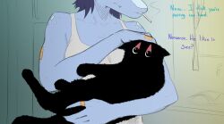  2026 5_fingers abstract_background absurd_res anthro baryonyx black_body black_eyes black_fur blue_body blue_hair blue_scales cavemanon_studios cigarette cigarette_in_mouth clothing color_edit colored dialogue digital_drawing_(artwork) digital_media_(artwork) dinosaur domestic_cat duo english_text felid feline felis female feral fingers fluffy fluffy_tail fur hair hi_res holding_animal inkspot_(snoot_game) inside kitchen long_tail male mammal mature_anthro mature_female nova_(snoot_game) object_in_mouth petting prehistoric_species ratherdevious reptile saurischian scales scalie shirt smoking smoking_cigarette snoot_game snout spinosaurid tail tank_top text theropod third-party_edit topwear white_clothing white_shirt white_tank_top white_topwear 