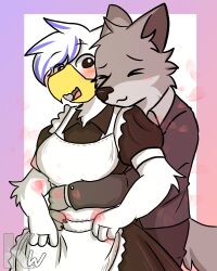 2020 4:5 absurd_res anthro apron avian beak bird blue_body blue_feathers blush blush_lines breasts canid canine canis closed_eyes clothing collared_shirt colored deulis_(kangwolf) digital_drawing_(artwork) digital_media_(artwork) dress duo falling_petals feathers female fur gradient_background grey_body grey_fur happy hi_res holding_waist hug hugging_another hugging_from_behind jacket kangwolf maid_uniform male male/female mammal open_beak open_mouth petals pink_petals shirt signature simple_background size_difference smile suit tony_(kangwolf) topwear uniform watermark white_background white_body white_feathers wolf yellow_beak 