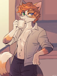  anthro blue_eyes bottomwear brown_hair calico_cat captyns cheek_tuft chest_tuft clothed clothing coffee_mug countershade_torso countershading domestic_cat drinking eyewear facial_tuft felid feline felis fluffy fluffy_tail fur glasses gloves_(marking) green_eyes grey_body grey_fur hair heterochromia hi_res james_dodges male mammal markings multicolored_body multicolored_tail open_clothing open_shirt open_topwear orange_body orange_fur pants pointy_ears prick_ears shirt solo steam tail topwear tuft white_body white_fur 