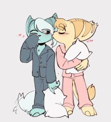  anthro barefoot blue_body blue_fur blush claws closed_eyes clothed clothed_male clothing duo ellipsis eye_through_hair feet fur hair hair_over_eye heart_symbol hi_res kiss_on_cheek kissing lombax male male/male mammal mopz_(ratchet_and_clank) one_eye_closed pillow ratchet_and_clank sleepwear sony_corporation sony_interactive_entertainment sprocket_(ratchet_and_clank) tail tail_motion tail_tuft tailwag time_fluffy500 translucent translucent_hair tuft 