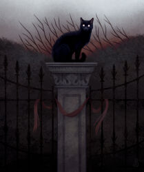  ambiguous_gender black_body black_fur dappermouth domestic_cat felid feline felis fence fur hi_res looking_at_viewer mammal nature outside pillar plant red_ribbon ribbons sitting solo tail tree void_eyes 