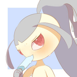  1:1 absurd_res ambiguous_gender anthro black_body black_pseudo_hair blush blushing_at_viewer bodily_fluids falltheaki3514 food food_in_mouth generation_3_pokemon hi_res holding_food holding_object holding_popsicle looking_at_viewer mawile nintendo pokemon pokemon_(species) popsicle popsicle_in_mouth pseudo_hair red_eyes solo sweat sweatdrop teeth yellow_body 