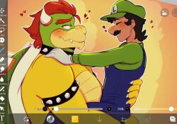 2025 5_fingers anthro armband art_program_in_frame bangs bent_arm bent_leg black_armband black_collar black_eyebrows black_facial_hair black_hair black_mustache blue_clothing blue_overalls blush blush_lines bowser chin_tuft claws closed_eyes closed_smile clothed clothed_human clothed_male clothing collar colored digital_drawing_(artwork) digital_media_(artwork) directional_arrow duo english_description eyebrows facial_hair facial_tuft fangs feeniroir finger_claws fingers fully_clothed fully_clothed_human fully_clothed_male gloves green_clothing green_hat green_head green_headwear green_shell green_shirt green_topwear hair half-closed_eyes hand_on_back hand_on_butt hand_on_shoulder handwear happy hat headgear headwear heart_symbol hearts_around_head hi_res holding_partner horn human interspecies king koopa larger_anthro larger_male light lighting love luigi male male/male male_anthro male_human mammal mario_bros moustache mouth_closed multicolored_body narrowed_eyes nintendo number outline overalls red_eyebrows red_eyes red_hair royalty scales scalie shaded shell shirt side_view simple_background size_difference smaller_human smaller_male smile smiling_at_another smiling_at_each_other spanish_text spiked_armband spiked_collar spiked_shell spikes spikes_(anatomy) straight_arm symbol tan_body tan_scales teeth text topwear tuft white_claws white_clothing white_gloves white_handwear white_horn white_outline white_sclera yellow_body yellow_skin 