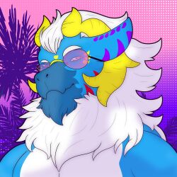  1:1 anthro beard bestia_(bestiademimbre) bestiademimbre blue_body bust_portrait clean_lineart colorful_theme digital_drawing_(artwork) digital_media_(artwork) eyewear facial_hair fluffy fur glasses hi_res horn icon male portrait smile solo tropical vaporwave white_body white_fur wickerbeast yellow_horn 