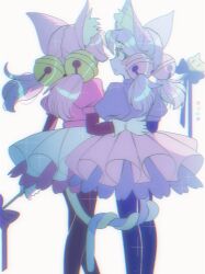  2026 animal_humanoid bell_accessory biped blush blush_stickers bottomwear chromatic_aberration clothed clothing dancewear deltarune digital_drawing_(artwork) digital_media_(artwork) duo entwined_tails felid felid_humanoid feline feline_humanoid female female/female female_humanoid fur grey_body grey_fur grey_hair grey_skin hair hand_on_back hi_res holding_object holding_staff humanoid inner_ear_fluff irritable_ghost_(deltarune) looking_at_another looking_at_partner mad_mew_mew mammal mammal_humanoid mew_mew_(undertale) multicolored_body multicolored_fur pink_(deltarune) pink_body pink_fur pink_hair rear_view selfcest seven_flowers side_by_side signature simple_background skirt square_crossover staff tail tail_coil tan_body tan_skin trans_(lore) trans_woman_(lore) tuft tutu two_tone_body two_tone_fur umearamy undertale_(series) watermark white_background white_body white_fur white_inner_ear_fluff 