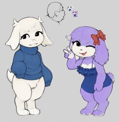  2025 3_toes 5_fingers anthro black_eyes black_nose blue_clothing blue_dress blue_sweater blue_topwear bottomless bottomless_anthro bottomless_female breasts cave_story chaco_(cave_story) cleavage clothed clothed_anthro clothed_female clothing countershade_ears countershade_face countershade_feet countershade_hands countershade_tail countershade_torso countershading crotch_tuft digital_media_(artwork) dress duo facial_scar feet female female_anthro fingers floppy_ears fur gesture grey_background hand_gesture hi_res lagomorph leaning leaning_forward lipstick looking_at_viewer lop_ears makeup mammal mimiga multicolored_body multicolored_ears multicolored_feet multicolored_fur multicolored_hands multicolored_tail narrowed_eyes one_eye_closed open_mouth open_smile plinkgrn purple_body purple_fur purple_tail red_bow red_hair_bow red_lipstick scar short_tail simple_background small_breasts smile smug_face sprite standing sue_sakamoto sweater sweater_only tail toes topwear topwear_only tuft v_sign white_body white_breasts white_countershading white_ears white_fur white_sclera white_tail white_tuft wink winking_at_viewer x_scar 