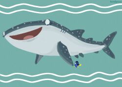  2026 acanthurid aquatic black_body black_eyes blue_background blue_fin blue_tail carpet_shark destiny_(finding_dory) disney dory_(finding_nemo) dos6etelgeuse duo eyelashes female feral finding_dory finding_nemo fish fish_tail gills hand_holding hi_res large_female looking_at_another open_mouth pixar regal_tang shark shark_tail simple_background size_difference smaller_female spots tail underwater water watermark whale_shark white_body white_spots yellow_fin yellow_tail 