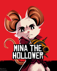  2026 4:5 anthro big_ears biped clothing coat cover_art digital_media_(artwork) english_text female fur hi_res holding_object holding_weapon mammal mina_(mina_the_hollower) mina_the_hollower mouse murid murine notched_ear parody rainbow_chromatic red_clothing red_coat red_dead_(series) red_topwear rockstar_games rodent solo text topwear weapon white_body white_fur yacht_club_games 