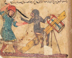  1310 14th_century ambiguous_gender ancient_art arabic_text asian_clothing beard black_hair boots clothing duo english_description facial_hair feral footwear fur grey_body grey_fur hair haplorhine headgear headwear hi_res holding_object holding_saw holding_tool human illuminated_manuscript kalila_wa_dimna looking_at_another male mammal monkey primate religious_clothing religious_headwear saw shirt shoes tail text tools topwear traditional_media_(artwork) translation_request tunic turban unknown_artist wearing_boots 