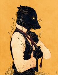  accessory black_body black_clothing black_fur black_gloves black_handwear black_topwear black_vest bottomwear button_(fastener) canid canine canis clothing dappermouth flower fur gloves handwear hi_res looking_aside male mammal necktie pants plant portrait red_necktie shirt simple_background solo standing three-quarter_portrait topwear tying_tie vest white_clothing white_shirt white_topwear wolf yellow_eyes 
