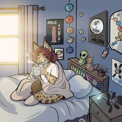  1:1 absurd_res anthro bed bedroom black_body book bookshelf closed_eyes container cup curtains english_text felid feline female furniture hi_res lynx mammal mug pillow planet plant_pot rocket satellite solo sunriseuwu text window 
