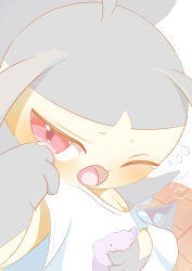 absurd_res ambiguous_gender anthro black_body blush bodily_fluids clothing ditto_(pokemon) facial_markings falltheaki3514 generation_1_pokemon generation_3_pokemon hand_on_belly hand_on_body head_markings hi_res hungry looking_aside markings mawile nintendo one_eye_closed one_shoulder_out open_mouth pink_tongue pokemon pokemon_(species) print_clothing print_shirt print_t-shirt print_topwear pseudo_hair red_eyes shirt solo t-shirt tear_(marking) tears tongue topwear waking_up white_clothing white_shirt white_topwear wiping_tears yellow_body 