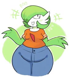 2026 3_fingers black_eyes blue_bottomwear blue_clothing blue_pants blush blush_lines bodily_fluids bottomwear breasts clothed clothed_female clothed_humanoid clothing digital_media_(artwork) emanata eyelashes female female_humanoid fingers flying_sweatdrops gardevoir generation_3_pokemon genocityzone green_arms green_blush green_hair hair hi_res humanoid nintendo not_furry open_mouth open_smile orange_clothing orange_shirt orange_topwear pants pokemon pokemon_(species) pseudo_hair shirt small_breasts smile solo sweat sweatdrop thick_thighs topwear white_body white_sclera wide_hipped_female wide_hipped_humanoid wide_hips 