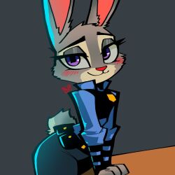  1:1 2026 anthro badge bedroom_eyes blue_clothing blush clothing disney european_rabbit eyelashes female fur grey_body grey_fur judy_hopps lagomorph leaning_on_object leporid mammal mouth_closed narrowed_eyes oryctolagus paws police police_badge police_belt police_uniform purple_eyes rabbit seductive solo uniform uroart20 zootopia 