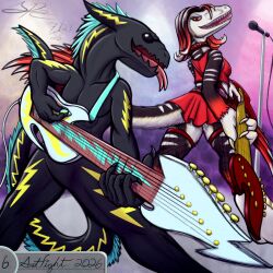  1:1 2026 3_fingers 5_fingers 6_fingers anthro art_fight belt big_tail black_body black_claws black_horn black_scales bodypaint bottomwear breasts claws clothed clothed_anthro clothed_female clothing collar countershade_feathers countershade_legs countershade_neck countershade_tail countershade_torso countershading crop_top crowd dated detailed_background digital_drawing_(artwork) digital_media_(artwork) digitigrade dinosaur dipstick_feathers dragon dromaeosaurid duo electric_guitar electronics european_mythology eyelashes eyewear feather_hair feathered_dinosaur feathered_scalie feathers featureless_chest featureless_crotch female finger_claws fingers foreshortening forked_tongue front_view fully_clothed fully_clothed_anthro fully_clothed_female fur glasses grey_body grey_feathers group guitar hard_rock_dragon_(blurrybubba) hi_res horn humanoid_hands jagged_mouth lightning_bolt lightning_bolt_marking long_neck long_tail makeup male mane markings mascara medium_breasts microphone microphone_stand monotone_body monotone_scales multicolored_body multicolored_feathers musical_instrument mythological_creature mythological_scalie mythology non-mammal_breasts nude nude_anthro nude_male open_mouth open_smile pecs performance pince-nez pink_clothing pink_thong pink_tongue pink_underwear playing_guitar playing_music plucked_string_instrument polydactyly prehistoric_species procreate_(artwork) pseudo_hair pyroraptor rear_view red_belt red_body red_bottomwear red_clothing red_collar red_crop_top red_eyes red_feather_hair red_feathers red_pseudo_hair red_shirt red_skirt red_tank_top red_topwear reptile rock_band running_makeup running_mascara saurischian scales scalie shaded sharp_teeth shirt signature skirt smile snout soft_shading spe spiked_belt spiked_collar spikes stage standing string_instrument striped_feathers stripes sunglasses tail tail_mane tail_tuft tail_under_skirt tank_top tapering_tail teal_body teal_fur teal_mane teeth theropod thick_tail thong thong_straps tongue tongue_out topwear tuft underwear wearing_sunglasses western_dragon whale_tail_(fashion) white_body white_countershading white_feathers white_scales white_stripes yellow_body yellow_claws yellow_feathers yellow_markings yellow_scales yvette_(spe) 