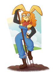  anthro big_breasts boots breasts buckteeth clothing dirt eyewear farmer female fingerless_gloves footwear freckles fur glasses gloves green_eyes hair handwear hi_res kerchief lagomorph leather leather_boots leather_clothing leather_footwear leporid mammal neckerchief neckwear nuncher orange_hair overalls pitchfork rabbit shoes solo standing teeth tools wavy_hair wearing_glasses yellow_body yellow_fur 