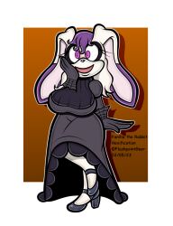  2023 alternate_version_at_source alternative_fashion anthro artist_name assimilation big_breasts big_ears black_clothing black_dress breasts brown_background character_name clothed clothing cosplay crossover crossover_cosplay curvy_figure dated digital_media_(artwork) dipstick_ears dress ear_markings english_text eyelashes eyeliner female flashpointgear floppy_ears footwear full-length_portrait gloves goth hair handwear hex_maniac hexification hi_res high_heels hourglass_figure implied_transformation lagomorph leggings legwear leporid looking_at_viewer lop_ears makeup mammal markings multicolored_ears nintendo on_one_leg open_mouth open_smile pink_eyes pokemon portrait purple_hair rabbit sega shoes simple_background smile solo sonic_the_hedgehog_(series) spiral spiral_eyes standing text vanilla_the_rabbit white_body white_clothing white_leggings white_legwear wide_hips 