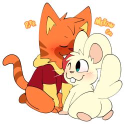  bottomless clothed clothing cricetid crushpepper felid feline fur hamster hi_res kneeling licking licking_another male male/male mammal nude orange_body orange_fur oxynard pepper_(crushpepper) purring red_eyes rodent simple_background tongue white_background 