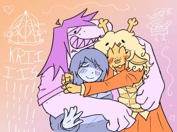  2026 4_fingers 5_fingers anthro antlers autumnsarttehe avian berdly bird birdcage blue_hair cage clothing color_coded deer deltarune digital_drawing_(artwork) digital_media_(artwork) english_description english_text eyebrows eyewear female fingers glasses gradient_background group group_hug hair hair_over_eye heart_symbol hi_res horn hug hugging_another human in_cage kris_dreemurr lightner long_hair mammal mouth_closed muscular muscular_female noelle_holiday open_mouth pattern_clothing pattern_sweater pattern_topwear plaid plaid_clothing plaid_sweater plaid_topwear purple_hair purple_sclera raised_eyebrow reptile scalie sharp_teeth simple_background smile smiling_at_another soul_(undertale) susie_(deltarune) sweater sweater_vest teeth text topwear trio undertale_(series) vest 