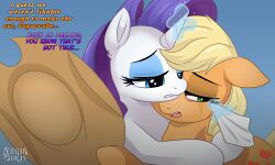  5:3 applejack_(mlp) blonde_hair blue_eyes bodily_fluids clothing cowboy_hat crying dialogue duo electronics equid equine eyelashes feral friendship_is_magic green_eyes hair hasbro hat headgear headwear hi_res hooves horn lennonblack mammal my_little_pony mythological_creature mythological_equine mythology orange_body pupils purple_hair rarity_(mlp) tears television text unicorn white_body 
