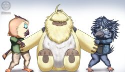  ahoge angoramon angry anthro avian bandai_namco beak bird black_body black_feathers brown_body brown_feathers corvid corvus_(genus) crow digimon digimon_(species) feathers fighting_over_boy fur group hair hair_over_eyes haruwaniryu male oscine owl passerine ponytail_ears trio yellow_body yellow_fur 
