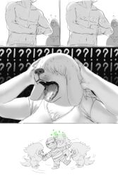  2026 2:3 absurd_res anthro big_breasts breasts canid canine canis clothed clothed_female clothing cracking_knuckles domestic_dog duo female female_anthro hair hi_res huge_breasts human interrobang liodimor lucy_tengel_von_braza_(liodimor) male male_human mammal open_mouth tail tail_motion tailwag teeth tongue topless topless_male 