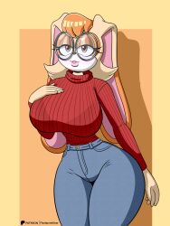  2025 absurd_res anthro artist_name big_breasts big_ears big_glasses bottomwear breasts brown_eyes clothed clothing curvy_figure denim denim_bottomwear denim_clothing digital_drawing_(artwork) digital_media_(artwork) eyelashes eyewear female flashpointgear floppy_ears glasses glistening_eyelids hair hand_on_own_breast hi_res hourglass_figure huge_breasts huge_hips jeans lagomorph leporid lidded_eyes lips lipstick long_ears lop_ears makeup mammal mature_anthro mature_female orange_hair pants pink_lipstick portrait rabbit round_glasses sega simple_background small_waist solo sonic_the_hedgehog_(series) standing sweater tan_body text thick_lips thick_thighs three-quarter_portrait tight_bottomwear tight_clothing tight_jeans tight_pants topwear turtleneck vanilla_the_rabbit wasp_waist wearing_glasses wide_hips yellow_background 