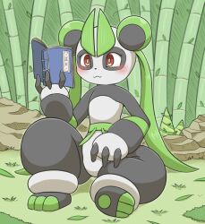  anthro bamboo bamboo_tree bear black_body black_fur colored day detailed_background featureless_crotch female fur giant_panda grass grass_field hi_res leafan_(pal) mammal martial_arts orange_eyes outside pal_(species) palworld plant pocketpair sitting solo tree vavacung white_body white_fur 