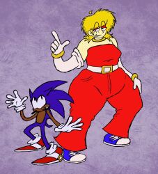  2025 5_fingers anthro autumnsarttehe belt belt_buckle blonde_hair blue_body blue_clothing blue_footwear blue_fur blue_shoes blue_sneakers bottomwear brown_body brown_skin buckle clothing digital_drawing_(artwork) digital_media_(artwork) duo english_description eulipotyphlan eyelashes eyeliner female female_human finger_gun fingers footwear fur gesture gloves hair hand_gesture hand_on_hip hand_on_own_hip handwear hedgehog hi_res human looking_down looking_down_at_partner looking_up_at_partner madonna_garnet makeup male male/female mammal neck_ring pants pose purple_background red_bottomwear red_clothing red_eyeliner red_footwear red_pants red_shoes sega shoe_buckles shoes simple_background size_difference sleeveless_shirt smile sneakers sonic_the_hedgehog sonic_the_hedgehog_(series) white_belt white_clothing white_gloves white_handwear wide_hips wristband yellow_belt_buckle 