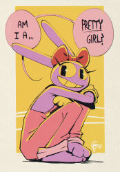  2026 absurd_res accessory anthro bow_ribbon clothed clothing dialogue edtropolis female flat_chested fur glitch_productions gloves hair_accessory hair_ribbon hairbow handwear hi_res jax_(tadc) lagomorph leporid mammal nickelodeon overalls rabbit ribbons signature sitting smile solo speech_bubble spongebob_squarepants teeth text the_amazing_digital_circus trans_(lore) trans_woman_(lore) wide_eyed 