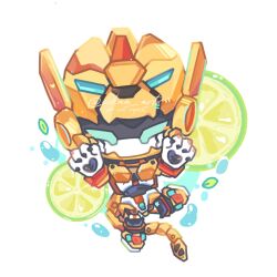  1:1 anthro armor black_body cheetah chibi cikaa_artx claws felid feline female food fruit green_eyes headgear helmet hi_res humanoid lemon looking_at_viewer machine mammal mechanic mechanical_arm mechanical_leg metal_cardbot mouthless paws plant robot robot_humanoid solo tachy_(metal_cardbot) tail white_body yellow_body 