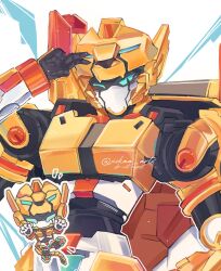  anthro armor artist_name black_body cheetah chibi cikaa_artx felid feline female green_eyes headgear helmet hi_res humanoid looking_at_viewer machine mammal mechanic mechanical_arm mechanical_leg metal_cardbot mouthless robot robot_humanoid solo tachy_(metal_cardbot) tail text white_body yellow_body 