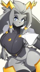  2026 9:16 absurd_res anthro antlers armor belly big_breasts black_clothing blue_eyes bottomless bottomless_anthro bottomless_female bovid breasts button_(fastener) cape caprine clothed clothing crotch_tuft digital_drawing_(artwork) digital_media_(artwork) eyelashes felid feline female female_anthro floppy_ears fur goat gold_(metal) gold_armor gold_jewelry greaves grey_body grey_fur grey_hair hair hi_res horn huge_ears hybrid jackalope jewelry lagomorph leg_tuft leporid looking_at_viewer lop_ears mammal navel pictomike pseudoregalia rabbit solo sybil_(pseudoregalia) tail thick_thighs thigh_tuft topwear tuft vest white_clothing 