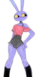  2026 absurd_res anthro big_ears black_bottomwear black_choker black_clothing black_jewelry black_necklace black_shorts blush blush_lines bottomwear choker clothing digital_drawing_(artwork) digital_media_(artwork) english_description female fishnet_clothing fishnet_leggings fishnet_legwear fur glitch_productions hand_on_hip hand_on_own_hip hi_res humanoid_hands jax_(tadc) jewelry lagomorph leggings legwear leporid looking_away lyssahh mammal necklace off-shoulder_top purple_body purple_fur rabbit red_clothing red_shirt red_t-shirt red_topwear shirt shorts simple_background solo standing t-shirt the_amazing_digital_circus topwear trans_(lore) trans_woman_(lore) white_background 