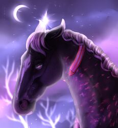  absurd_res ambiguous_gender brown_mane ears_back equid equine feral hi_res horse huskii-s mammal mane markings moon mouth_closed neckwear pink_markings pivoted_ears pupils purple_body red_eyes side_view solo spotted_neck white_mane white_pupils 