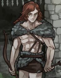  1boy abs arrow_(projectile) barbarian bow_(weapon) cape closed_mouth collarbone cowboy_shot fear_&amp;_hunger fur_cape fur_skirt green_eyes holding holding_arrow holding_bow_(weapon) holding_weapon kingjoshua long_hair muscular muscular_male nipples o-ring o-ring_top outdoors portcullis ragnvaldr_(fear_&amp;_hunger) red_hair scar scar_across_eye sideways_glance solo swept_bangs twitter_username weapon 