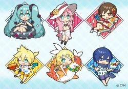  2boys 4girls :d ;d adjusting_clothes adjusting_headwear aqua_eyes aqua_hair arm_tattoo banana barefoot bass_clef beach_chair bikini black_bow black_footwear black_innertube blonde_hair blue_eyes blue_flower blue_hair blue_scarf blue_shorts blush bow bracelet brown_eyes brown_hair chibi closed_mouth copyright_name crypton_future_media dress drink floral_print_shirt flower flower_necklace food fruit full_body green_flower hair_flower hair_ornament hairbow hairclip hat hatsune_miku hibiscus holding holding_drink holding_food holding_spoon jewelry kagamine_len kagamine_rin kaito_(vocaloid) kiwi_(fruit) kiwi_slice lei long_hair megurine_luka meiko_(vocaloid) multiple_boys multiple_girls navel official_art one_eye_closed open_clothes open_mouth open_shirt orange_dress orange_shorts pink_hair red_bikini red_flower red_footwear sacanahen sandals sarong scarf shirt short_hair shorts smile sparkle spiked_hair spoon star_(symbol) strawberry swimsuit tattoo treble_clef twintails very_long_hair vocaloid wafer_stick white_bow white_hat white_sarong white_shirt yellow_flower 