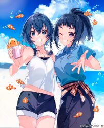  2girls black_shorts blue_hair blue_shirt long_hair midriff misakino_kukuru multiple_girls one_eye_closed ponytail shiroi_suna_no_aquatope shirt shorts smile starfish teeth teruya_tsukimi u35 white_shirt 