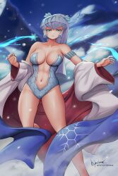  armband artist_name blue_armband blue_eyes breasts commission commissioner_upload expressionless feet_out_of_frame female hair_ornament highres japanese_clothes kimono leotard mountain non-web_source oyuki_(urusei_yatsura) patreon_username self-upload signature sky snow snowflakes solo thighs urusei_yatsura white_kimono yuki_onna 