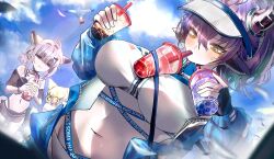  3girls ahoge animal_ears arknights bikini bird black_gloves blonde_hair blue_jacket blue_sky blush breasts clothes_writing commentary cow_ears cow_girl cow_horns cup disposable_cup drinking drinking_straw drinking_straw_in_mouth fingerless_gloves fox_ears fox_girl gloves hair_between_eyes highres holding holding_cup horns jacket large_breasts multiple_girls navel official_alternate_costume open_clothes open_jacket outdoors purple_hair ricefox_(nonametofu) seagull shaded_face short_hair sideroca_(arknights) sideroca_(light_breeze)_(arknights) sky solo_focus sussurro_(arknights) sussurro_(summer_flower)_(arknights) suzuran_(arknights) swimsuit visor_cap white_bikini yellow_eyes 