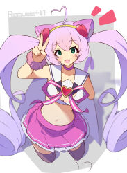  :3 :d ahoge animal_ear_fluff animal_ears bare_shoulders blurry blush border breasts bright_pupils brown_thighhighs cat_ears cat_girl cat_tail choker cleavage collarbone commentary_request crop_top cropped_legs cropped_shirt crossed_bangs depth_of_field double-parted_bangs female frilled_skirt frills green_eyes grey_background hair_between_eyes hand_up heart heart_ahoge highres long_hair looking_at_viewer medium_breasts midriff miniskirt navel oerba_yun_fang open_mouth outside_border pink_choker pink_hair pink_scrunchie pink_skirt pleated_skirt rosia_(show_by_rock!!) sailor_collar scrunchie shirt show_by_rock!! simple_background skirt sleeveless sleeveless_shirt smile solo tail tetenka thighhighs twintails v white_border white_pupils white_sailor_collar white_shirt wrist_scrunchie zettai_ryouiki 