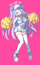  :d absurdres bare_shoulders blue_archive blue_bow blue_eyes blush bow breasts bright_pupils cheerleader commentary crop_top cross-laced_shoes female floating_hair full_body hair_ornament hairbow half-closed_eyes halo hanae_(blue_archive) hanae_(cheer_squad)_(blue_archive) hands_in_opposite_sleeves hands_up happy heart heart_hair_ornament heart_sticker highres holding holding_pom_poms knees_together_feet_apart large_breasts long_hair looking_at_viewer midriff miniskirt navel oerba_yun_fang official_alternate_costume official_alternate_hairstyle open_mouth pink_background pink_halo pleated_skirt pom_pom_(cheerleading) purple_hair sailor_collar school_uniform serafuku shoes sidelighting simple_background skin_fang skindentation skirt smile sneakers solo standing sticker sticker_on_face sztxra thighhighs thighs two_side_up untranslatable_commentary very_long_hair visor_cap w_arms white_pupils white_sailor_collar white_shoes white_skirt white_thighhighs x_hair_ornament zettai_ryouiki 